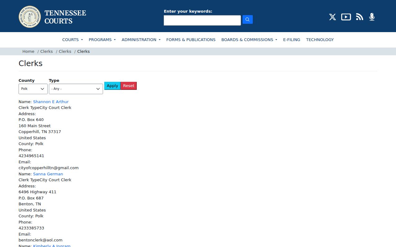 Polk County court clerk directory for released inmate case records