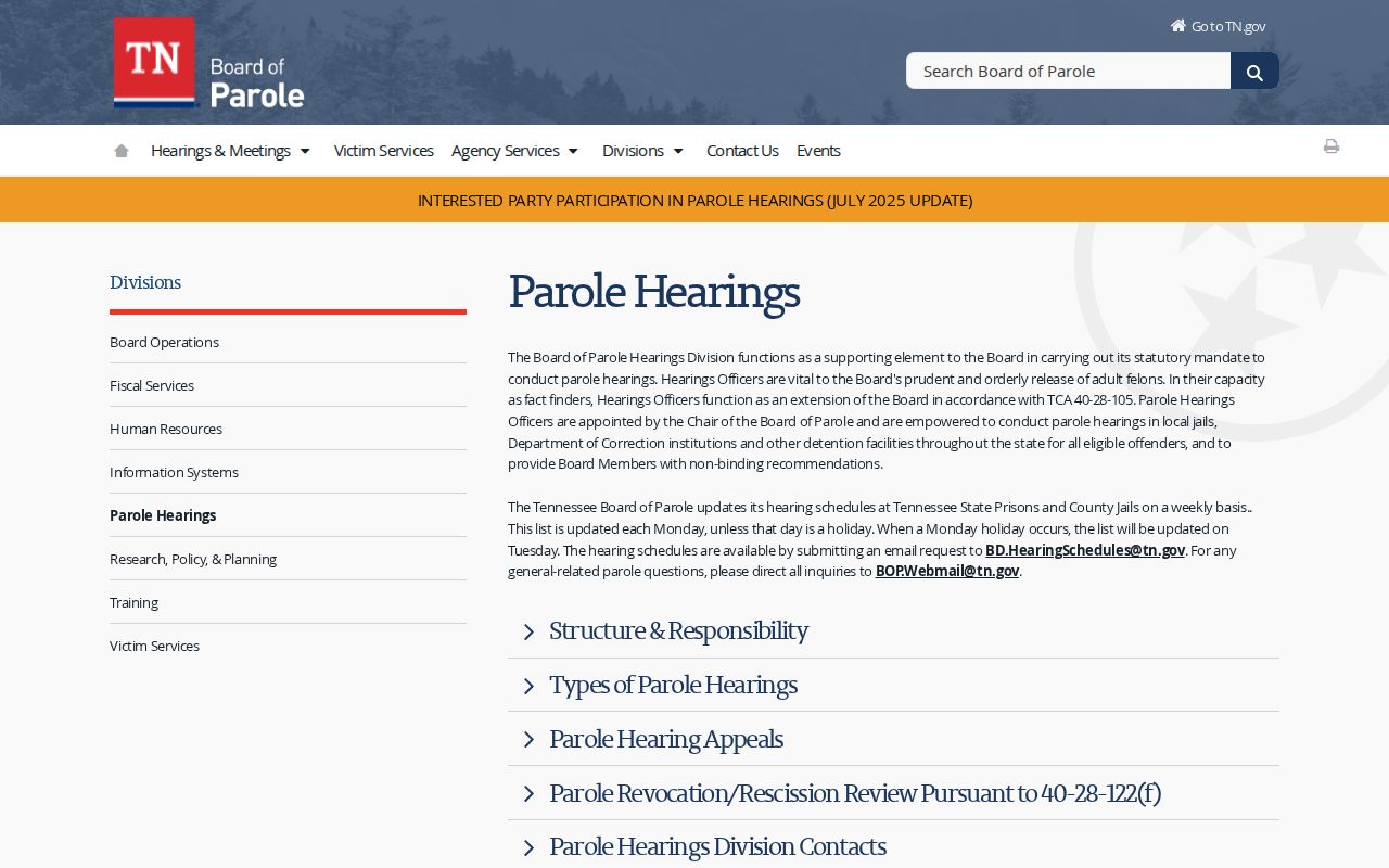 Polk County parole hearing schedule instructions from Tennessee Board of Parole