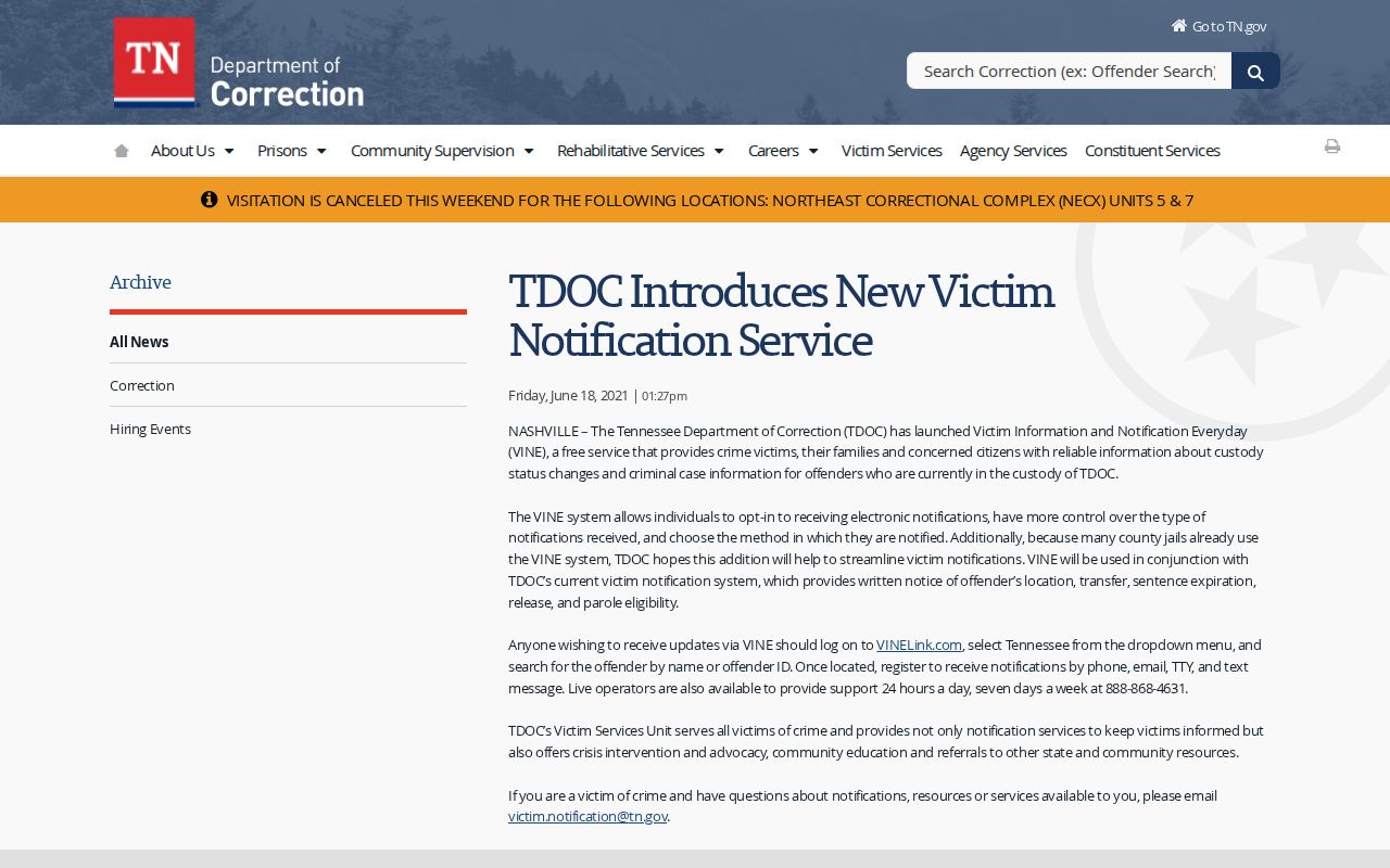Polk County release notifications in the TDOC VINE announcement